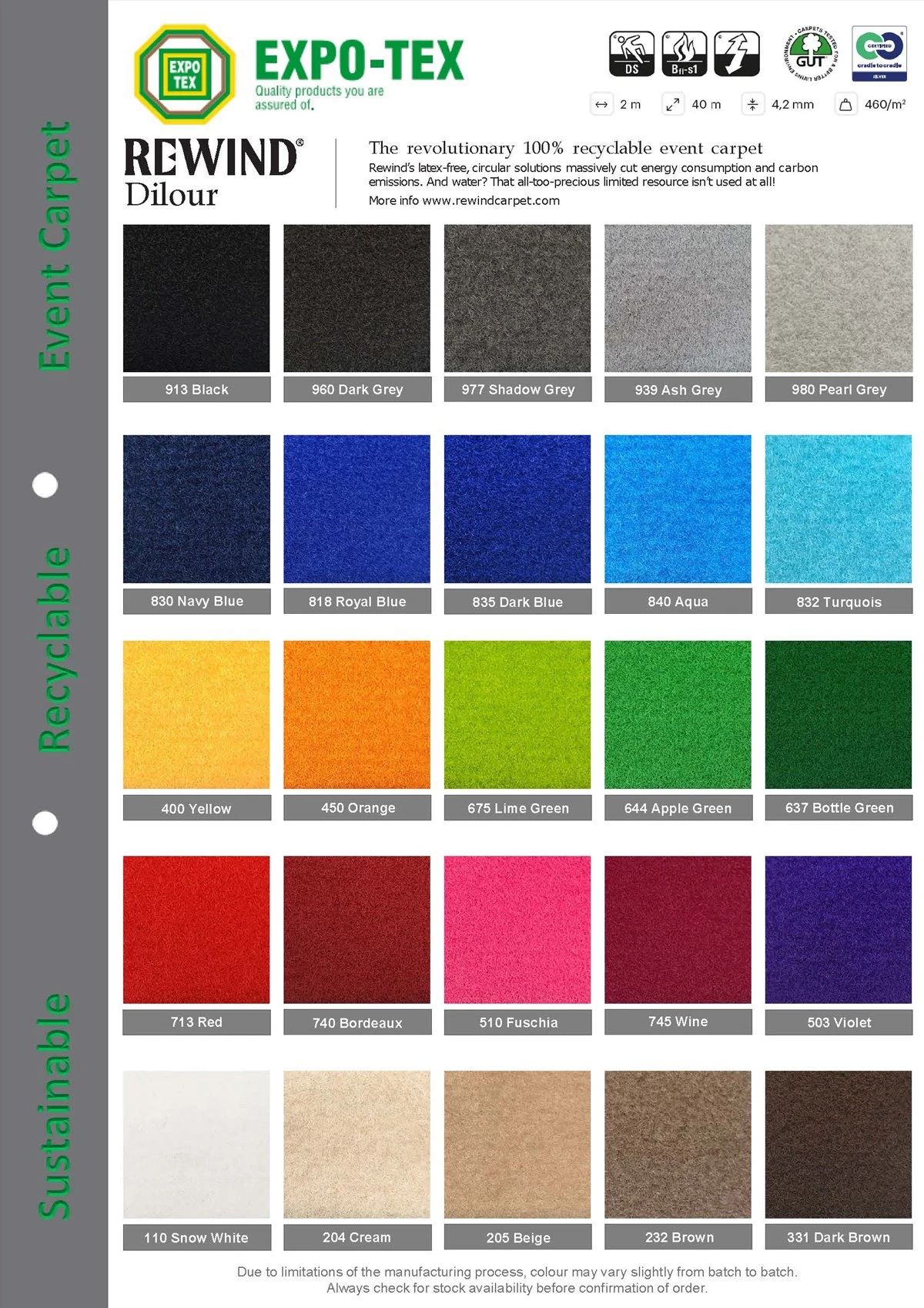 Exhibition carpet, Sustainable carpet, Rewind Dilour, expo carpet, recyclable carpet, green carpet,  needlepunch carpet, event carpet, p-pet, tentage carpet, atrium carpet, protection carpet
